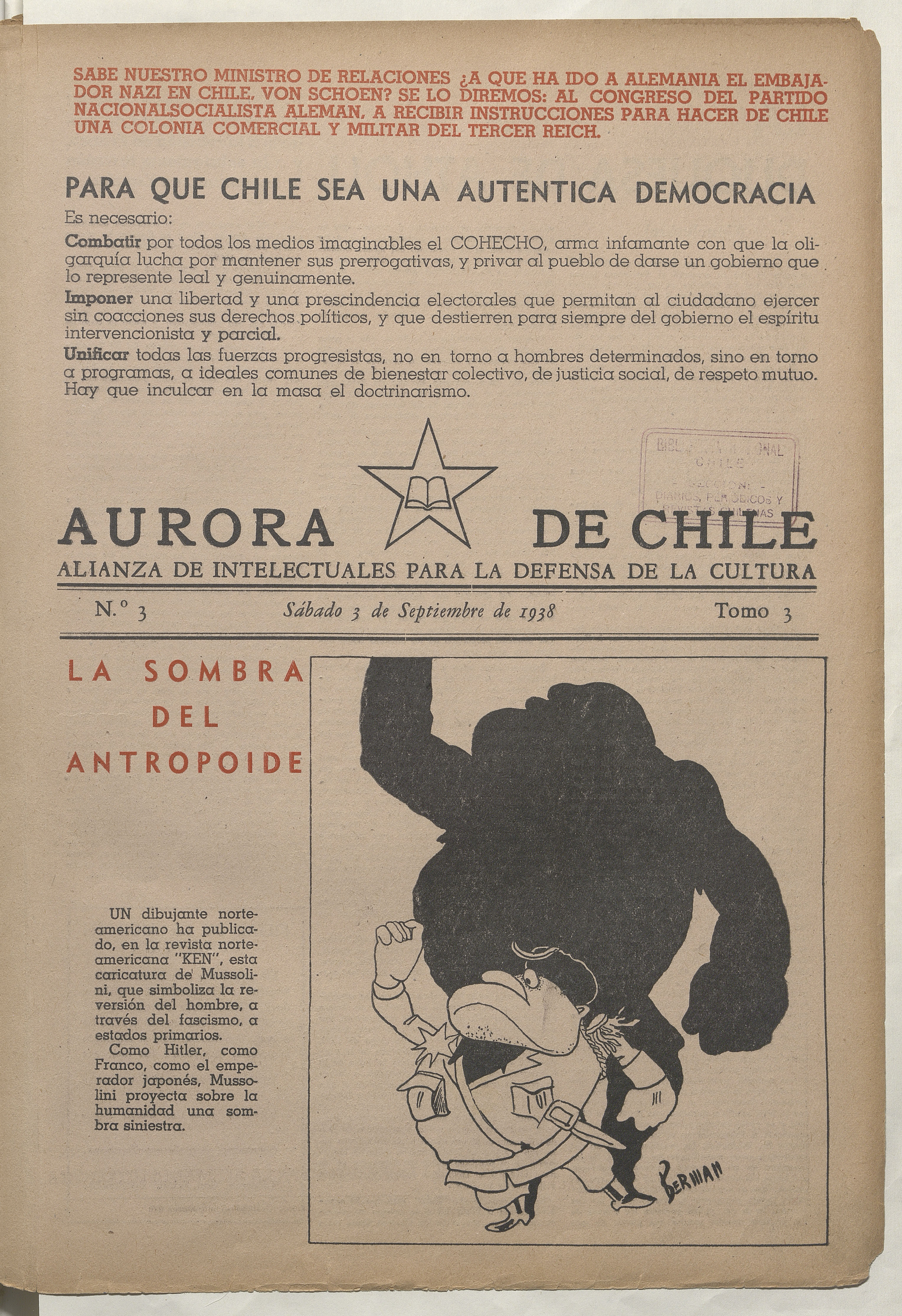 Aurora de Chile. Tomo 3, número 3, 3 de septiebre de 1938