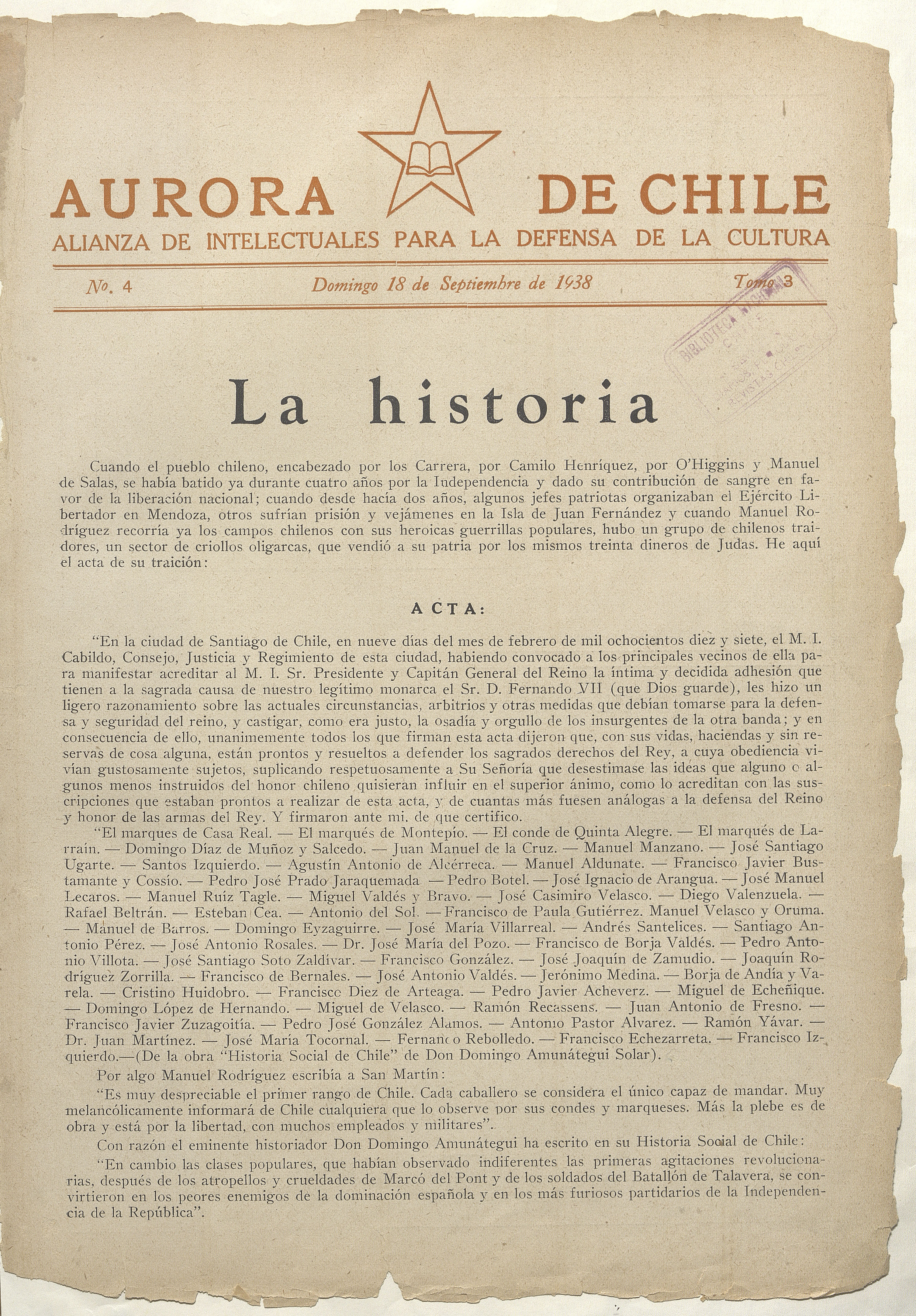 Aurora de Chile: tomo 3, número 4, 18 de septiembre de 1938