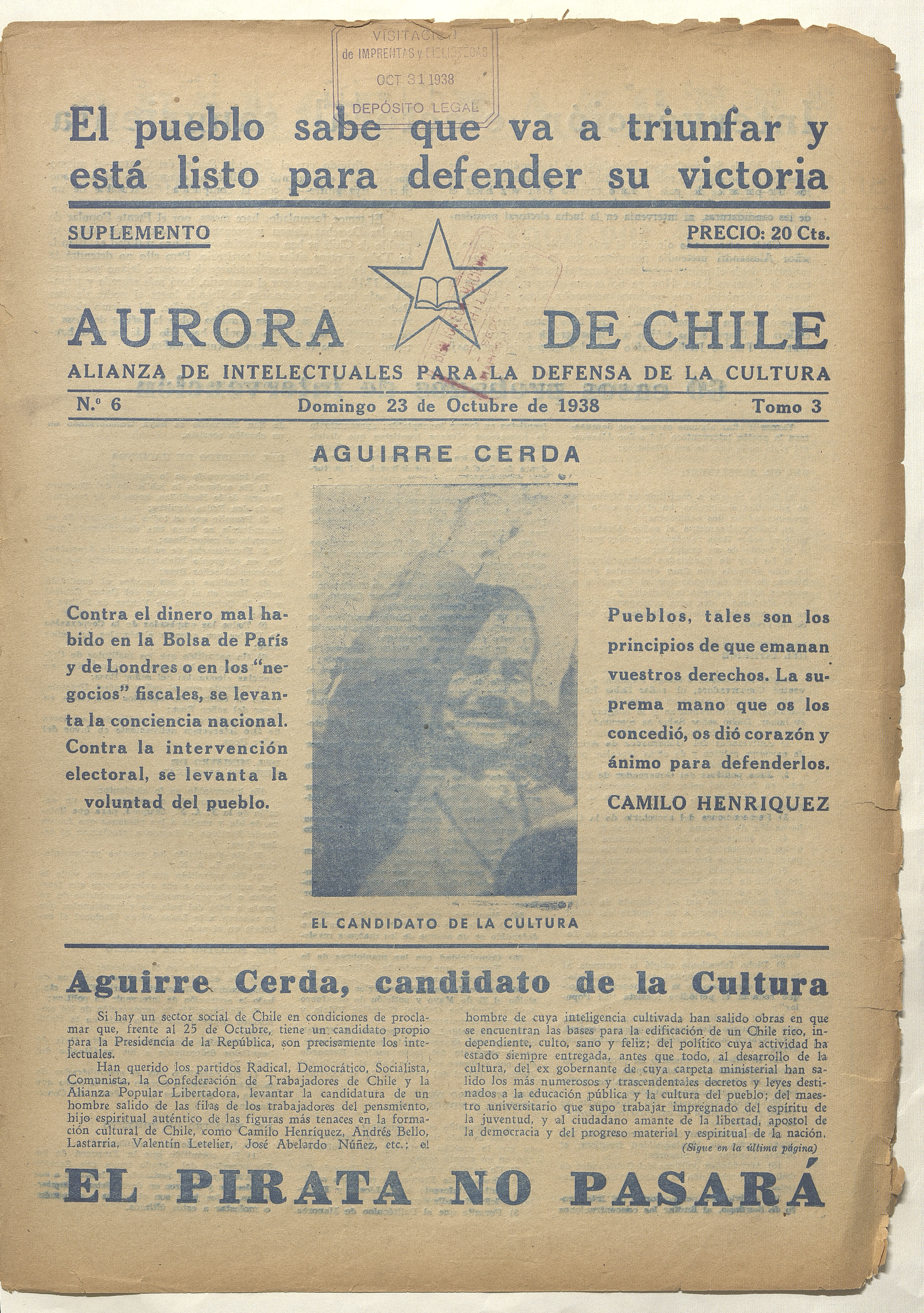 Aurora de Chile. Tomo 3, número 6, 23 de octubre de 1938