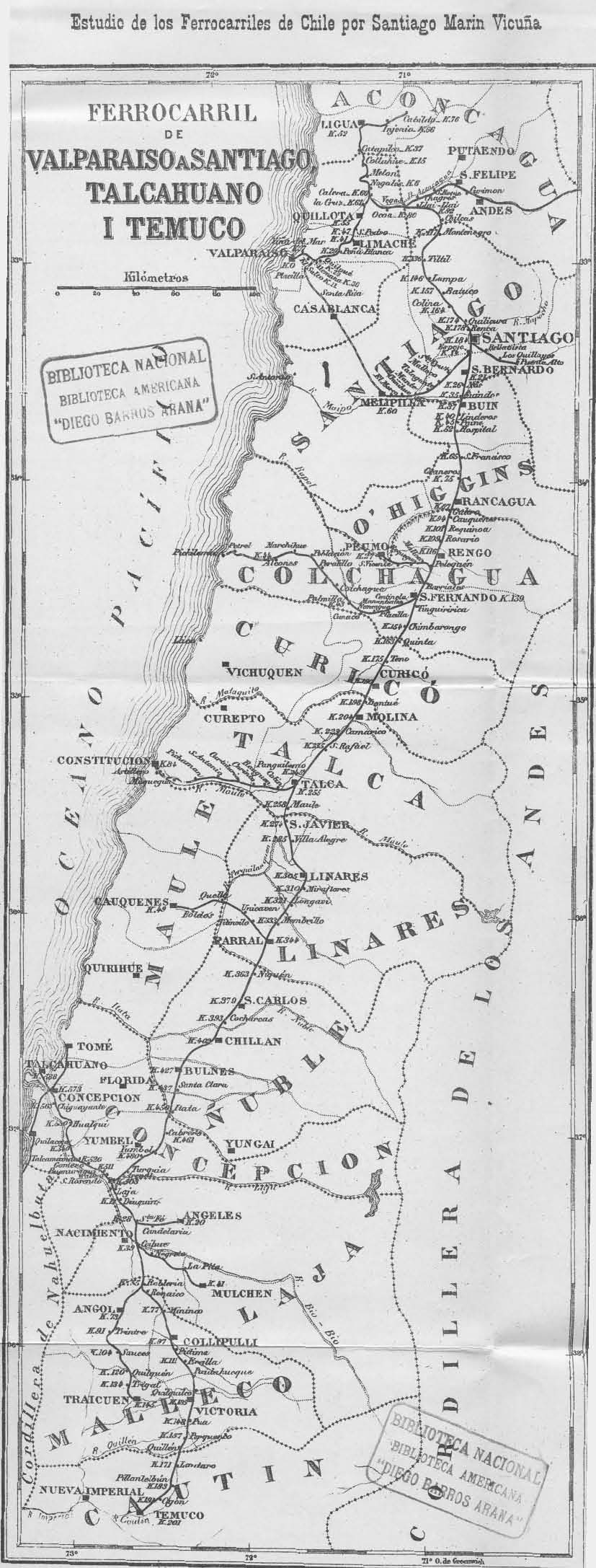 Mapa Ferrocarril de Valparaíso a Santiago, Talcahuano y Temuco