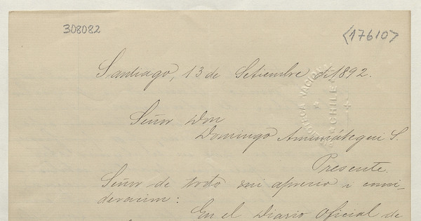 [Carta] 1892 Septiembre 13, Santiago [a] Domingo Amunátegui Solar.[Manuscrito].