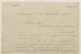 [Carta] 1892 Septiembre 13, Santiago [a] Domingo Amunátegui Solar.[Manuscrito].