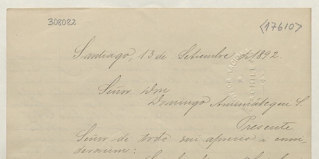 [Carta] 1892 Septiembre 13, Santiago [a] Domingo Amunátegui Solar.[Manuscrito].