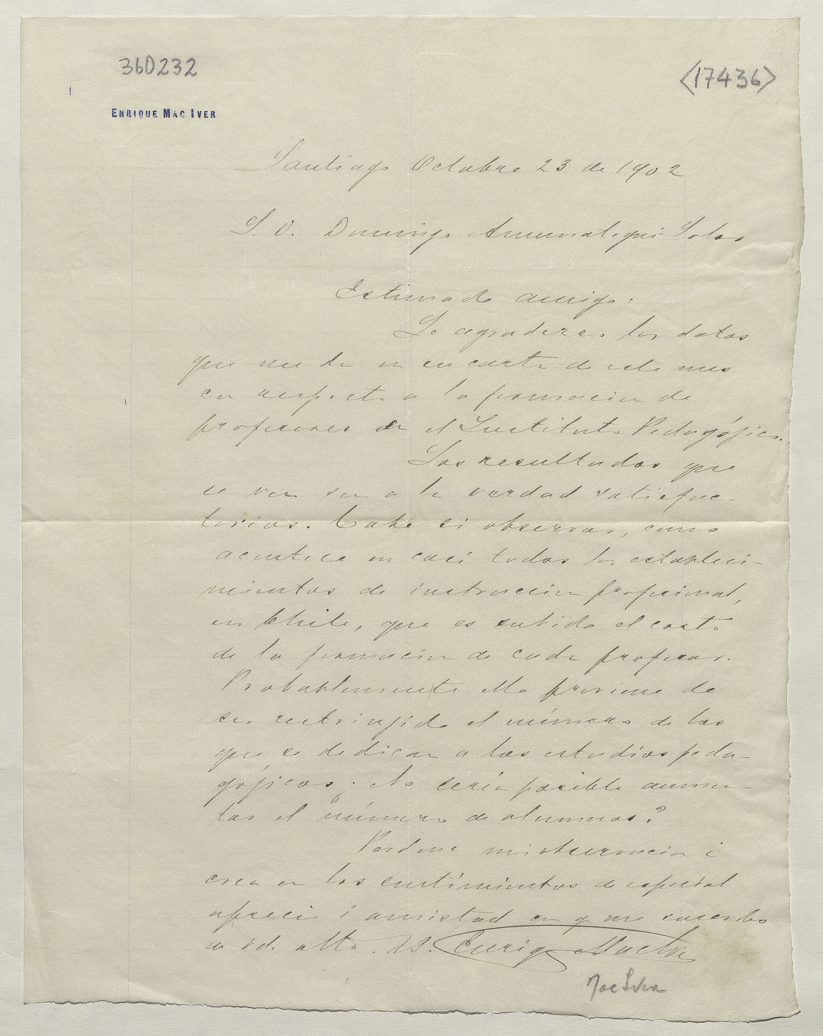 [Carta] 1902 Octubre 23, Santiago [a] Domingo Amunátegui Solar.[Manuscrito]