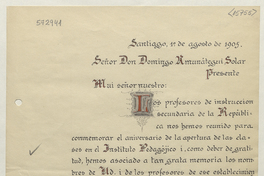 [Tarjeta] 1905 Ago. 1, Santiago [a] Domingo Amunátegui Solar [manuscrito].