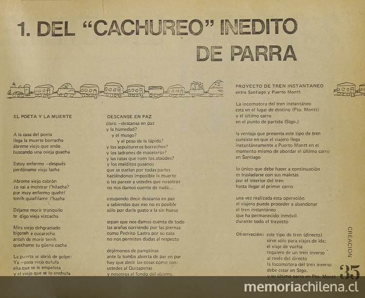 Del cachureo inédito de Parra ; Parra en libre plática