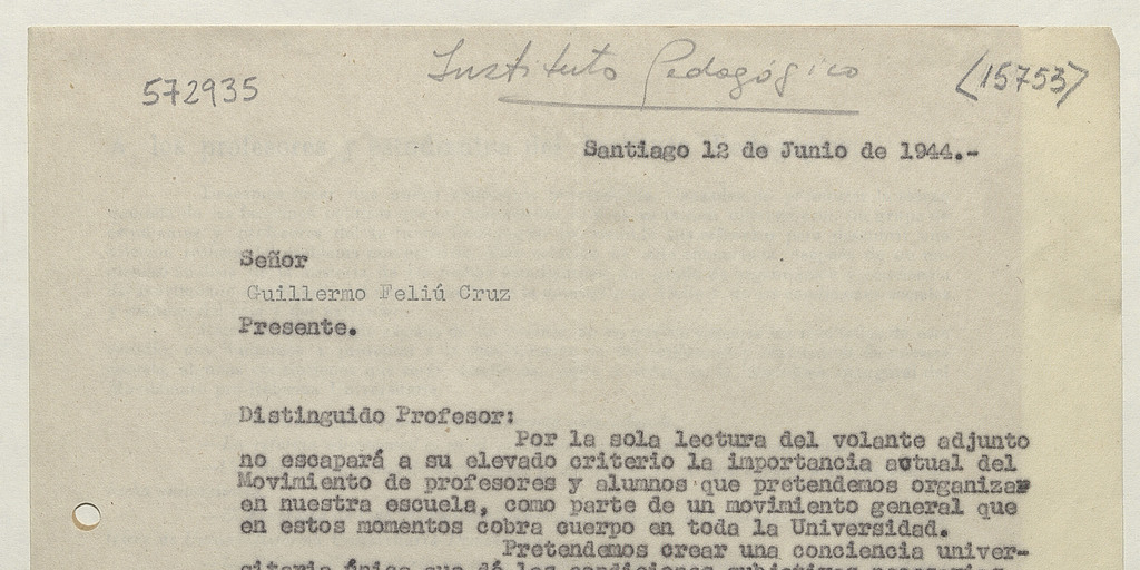 Carta a Guillermo Feliú Cruz. Santiago, 12 de junio de 1944