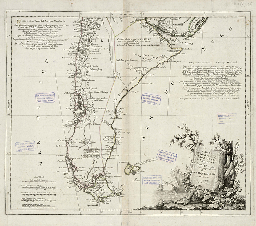 Carte du Chili Méridional; du Río de la Plata, des Patagons; et du Détroit de Magellan : Ce qui fait l´extremité Australe de l´Amerique Merid. [Material cartográfico] / par le sr D´Anville.