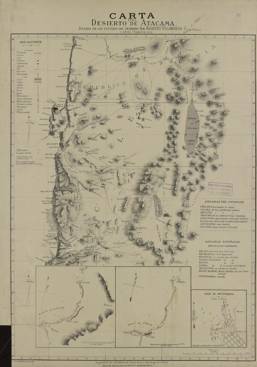 Carta del Desierto de Atacama [material cartográfico] : basada en los estudios del injeniero don Augusto Villanueva G. i otros viajeros.