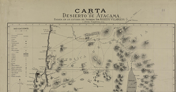 Carta del Desierto de Atacama [material cartográfico] : basada en los estudios del injeniero don Augusto Villanueva G. i otros viajeros.