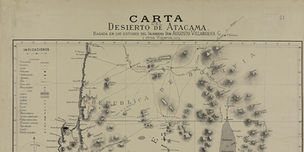 Carta del Desierto de Atacama [material cartográfico] : basada en los estudios del injeniero don Augusto Villanueva G. i otros viajeros.