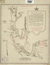 Demarcación del viaje del Capitan Juan Ladrillero [material cartográfico] : hecho por mandato del Gobernador del Reyno de Chile Don Garcia Hurtado de Mendoça, al Estrecho de Magallanes, i descubrimiento de su boca Austral, canales,archipiélago, ensenada i bahías en la costa del Mar del Sur.