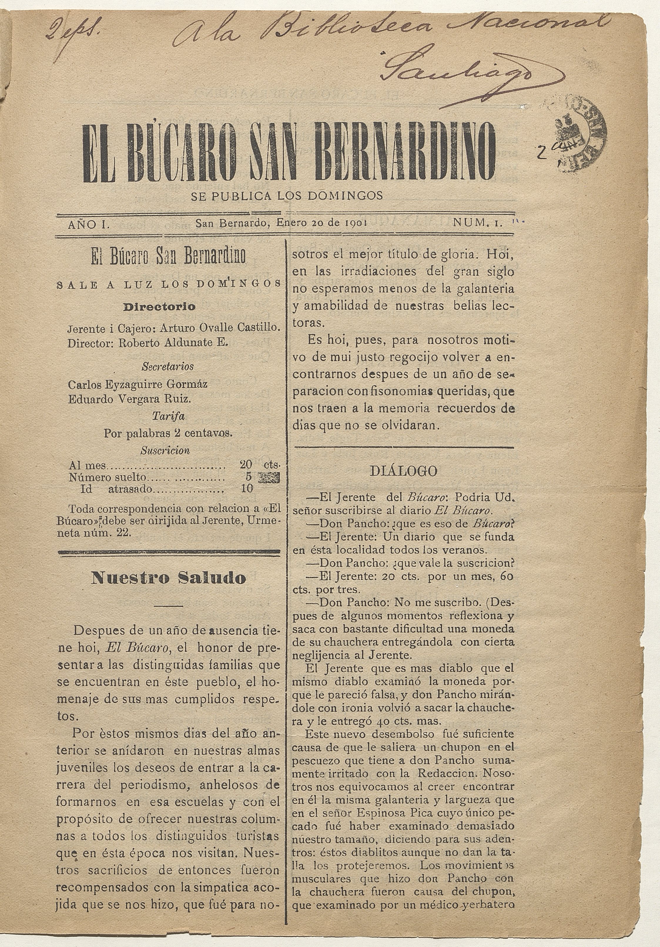 El Búcaro San Bernardino, n° 1, 20 de enero de 1901