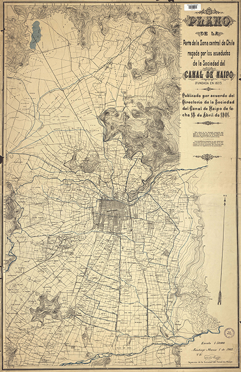 Plano de la parte de la Zona Central de Chile regada por los acueductos de la Sociedad del Canal del Maipo [material cartográfico] / publicado por acuerdo del Directorio de la Sociedad de fecha 15 abril de 1901.