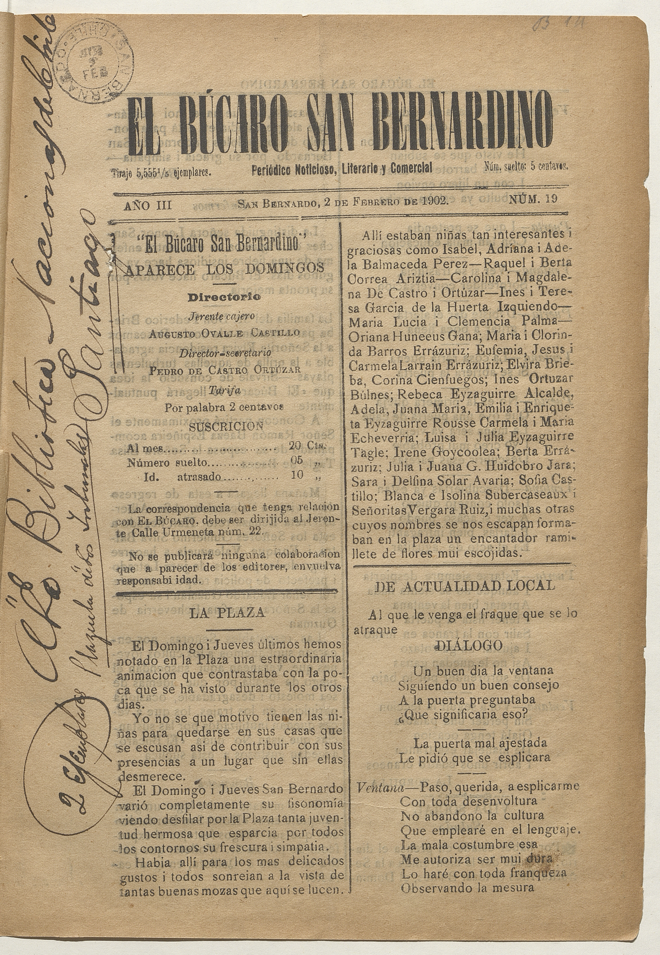 El Búcaro San Bernardino, n° 19, 2 de febrero de 1902