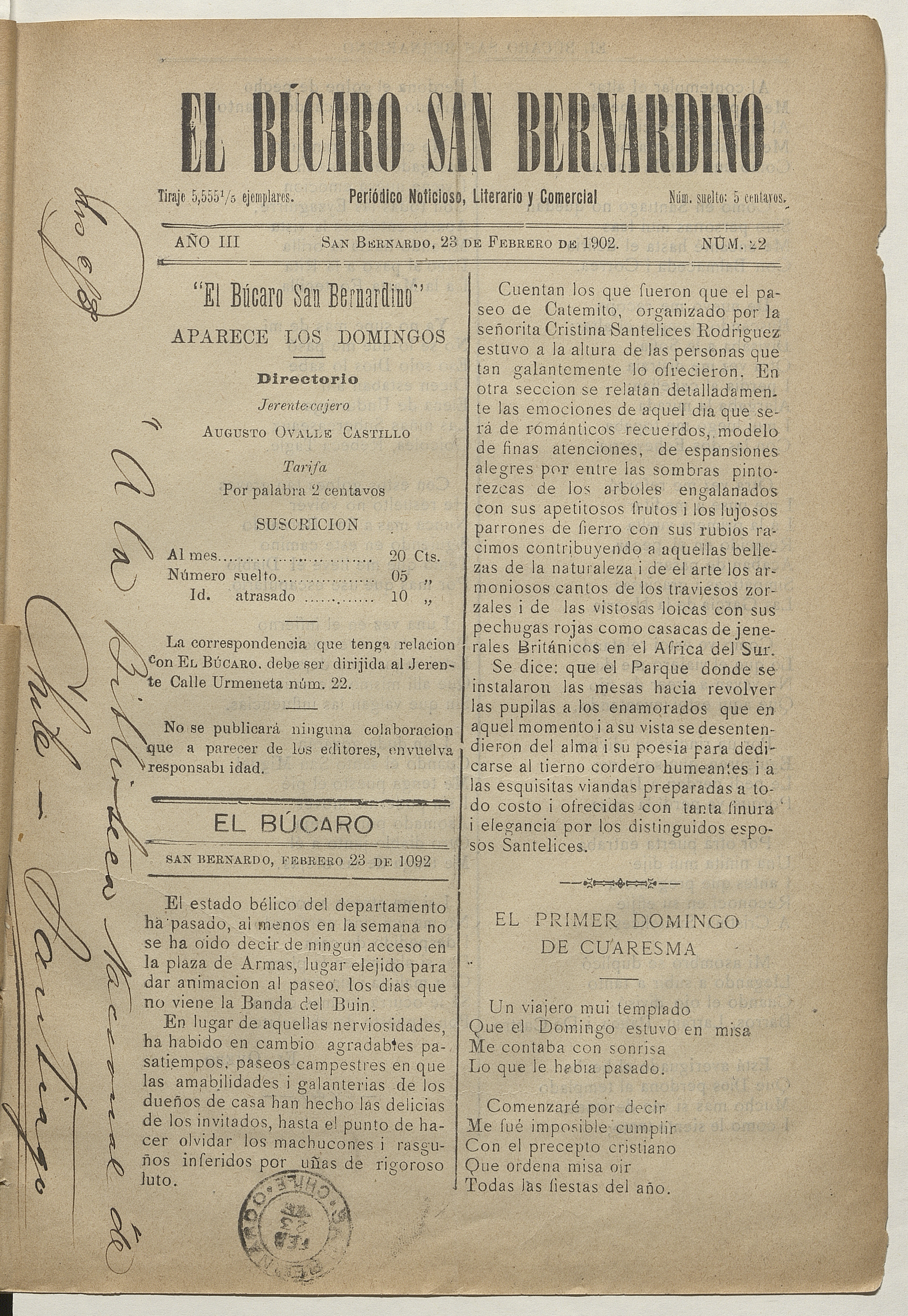 El Búcaro San Bernardino, n° 22, 23 de febrero de 1902