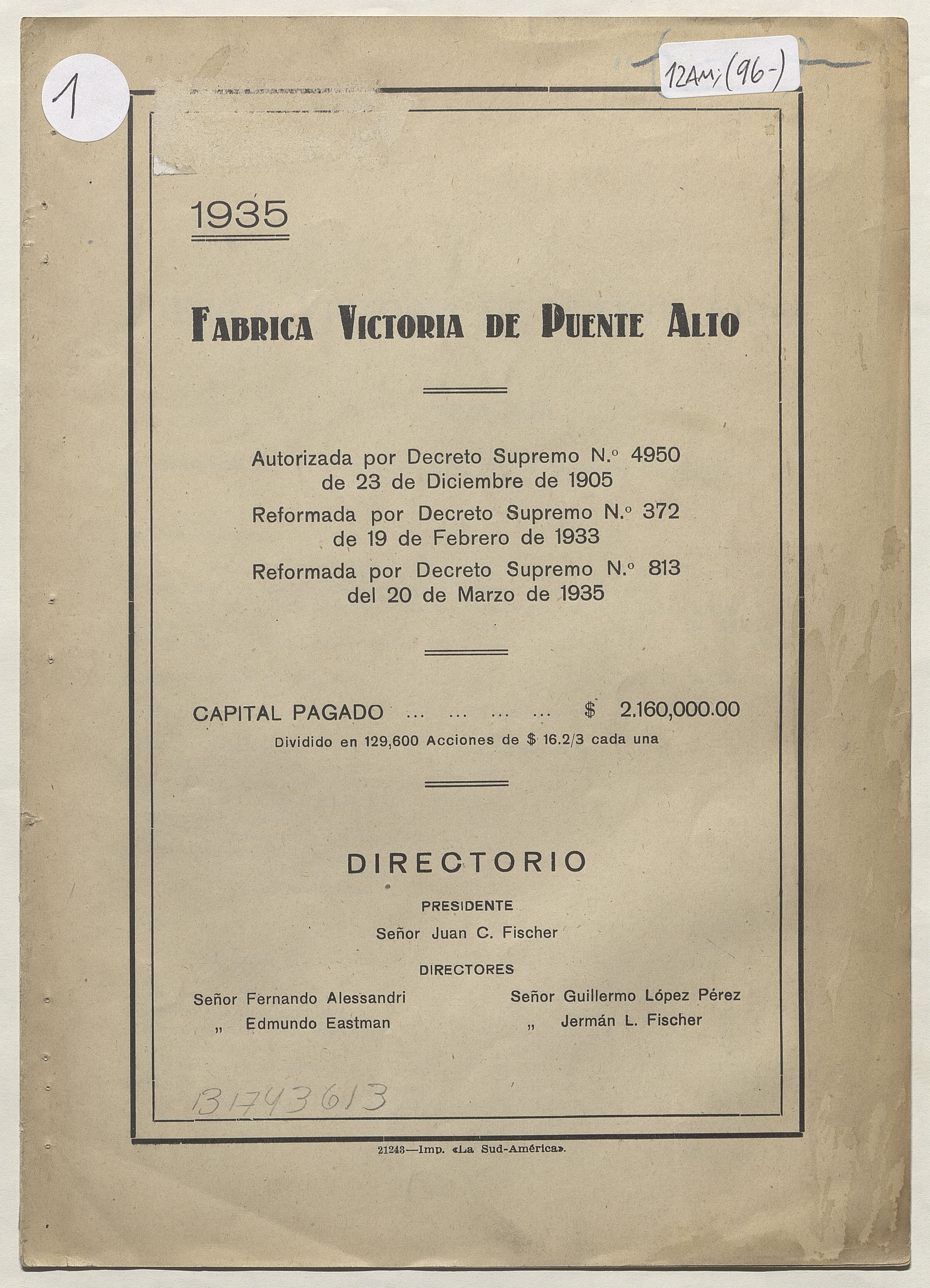 30ª memoria de la Fábrica Victoria de Puente Alto, 1935