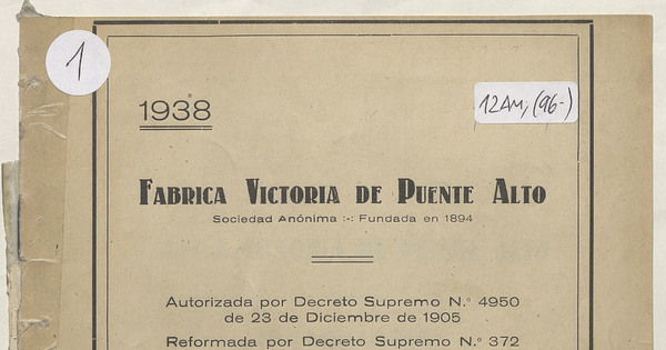 33ª memoria de la Fábrica Victoria de Puente Alto, 1938