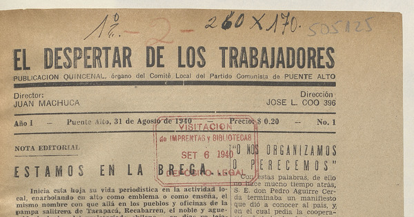 El Despertar de los Trabajadores, n° 1, 31 de agosto de 1940