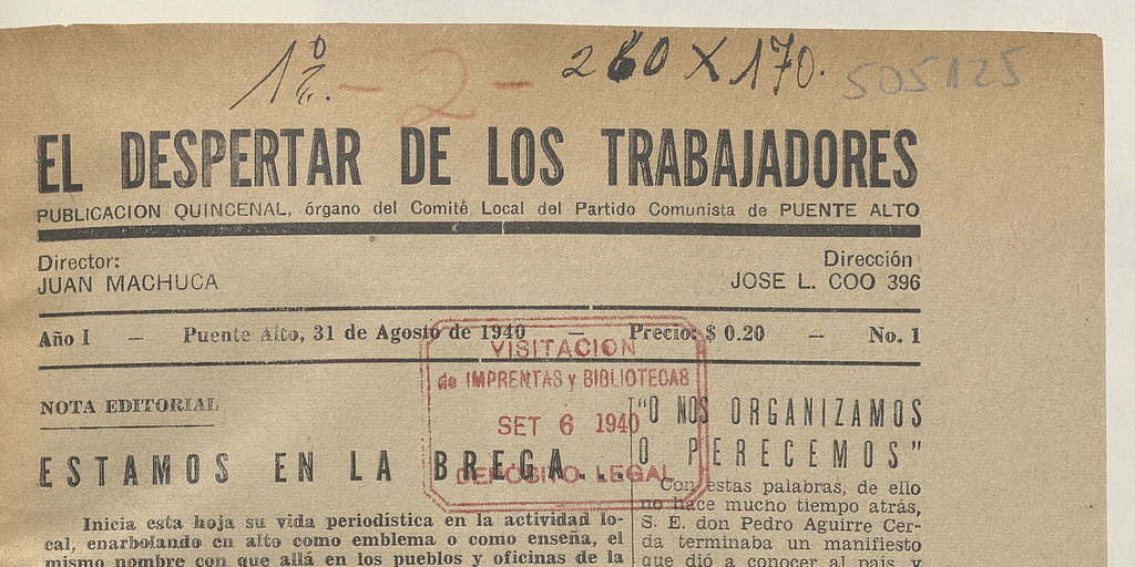 El Despertar de los Trabajadores, n° 1, 31 de agosto de 1940