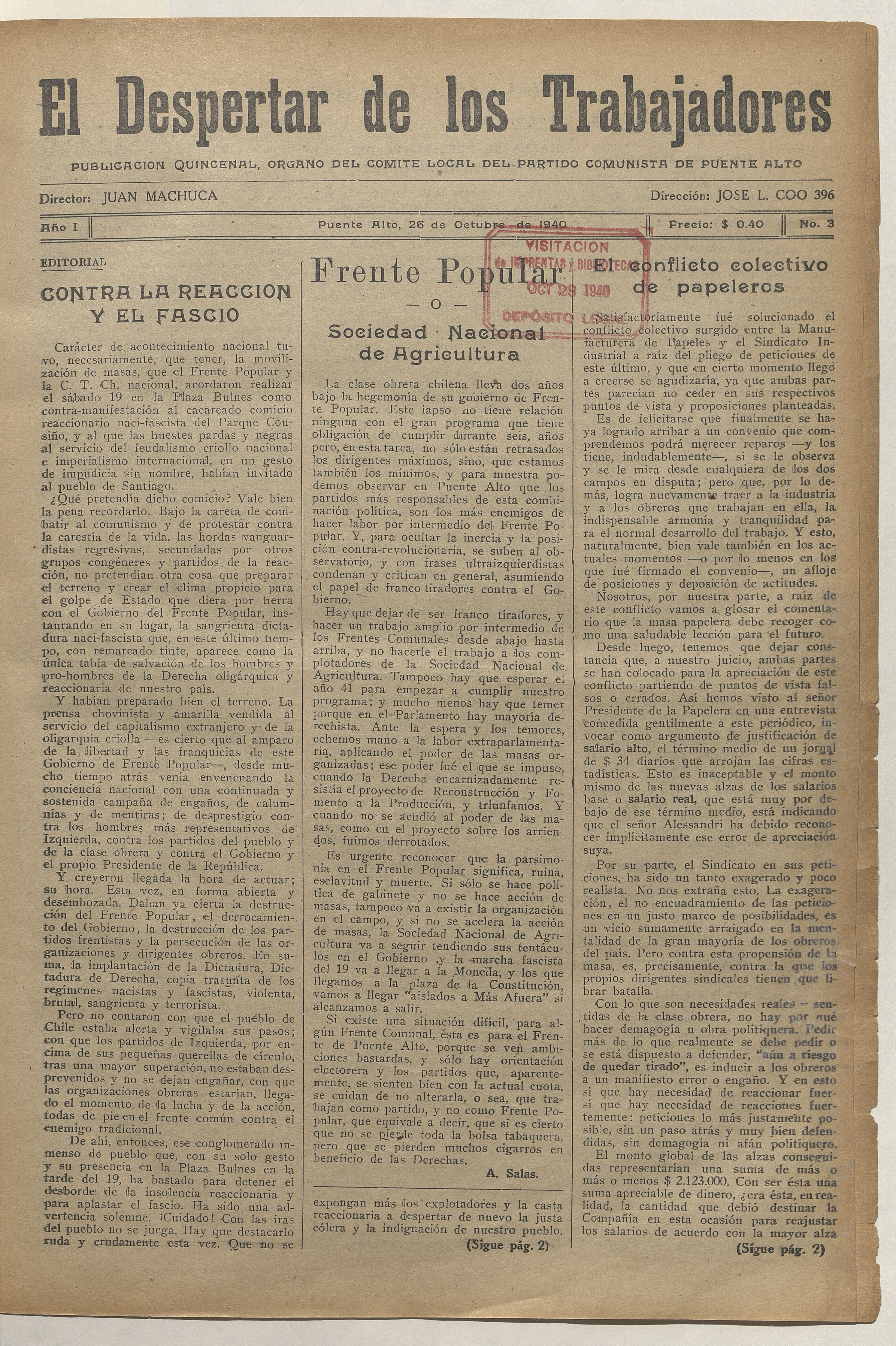 El Despertar de los Trabajadores, n° 3, 26 de octubre de 1940