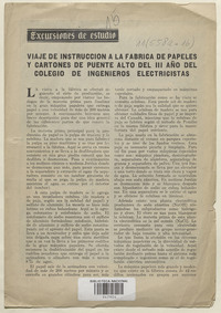 Viaje de instrucción a la Fábrica de Papeles y Cartones de Puente Alto, del 3er. año [del] Colegio de Ingenieros Electricistas.