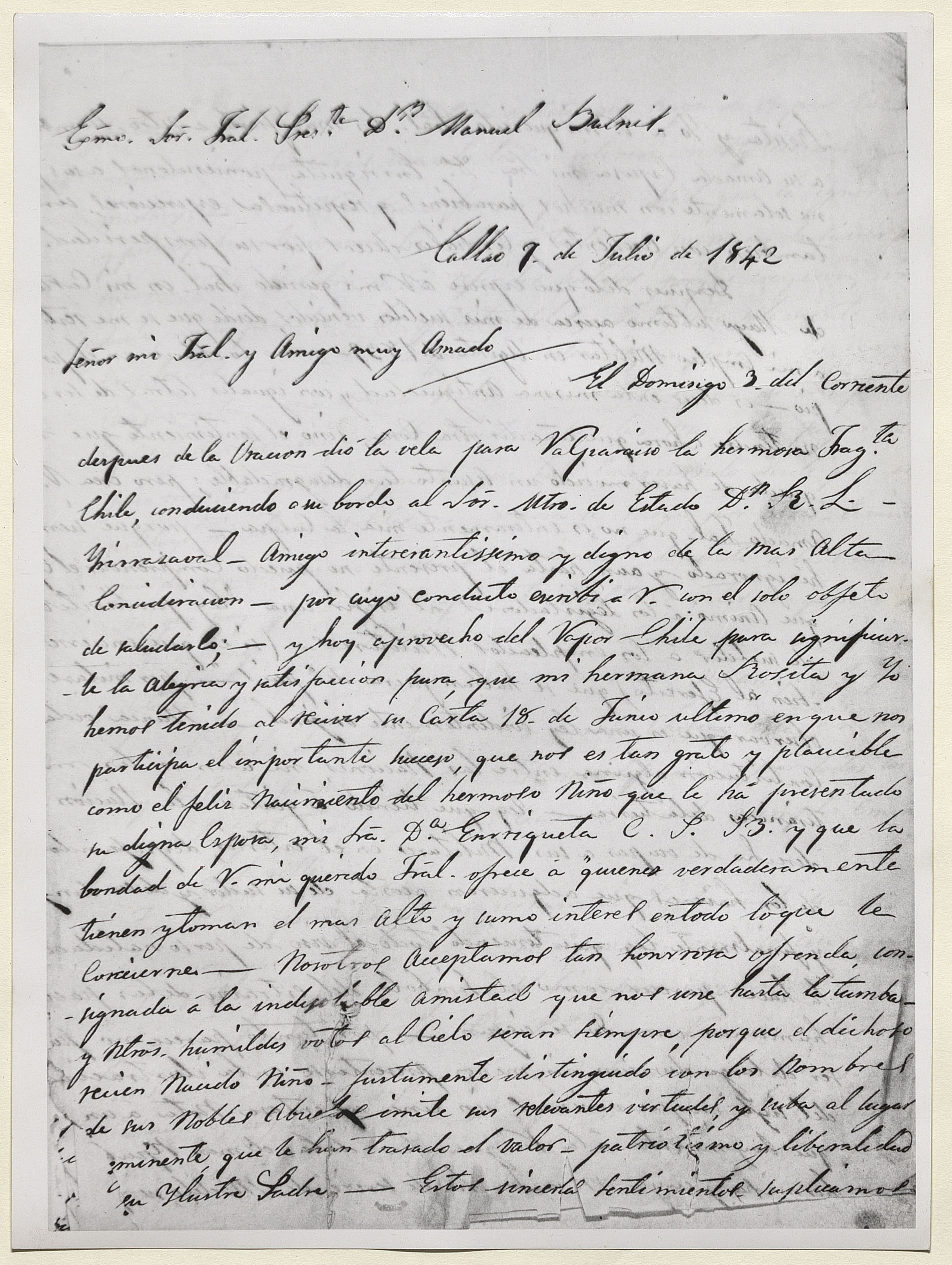 [Carta] 1842 julio 9, Callao [a] Manuel Bulnes. [manuscrito]. Bernardo O’Higgins