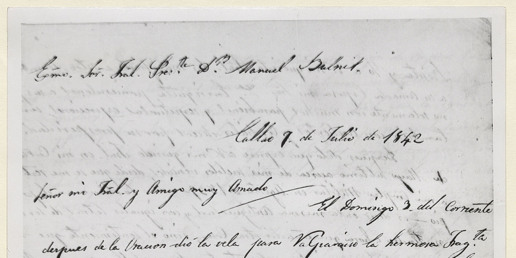 [Carta] 1842 julio 9, Callao [a] Manuel Bulnes. [manuscrito]. Bernardo O’Higgins