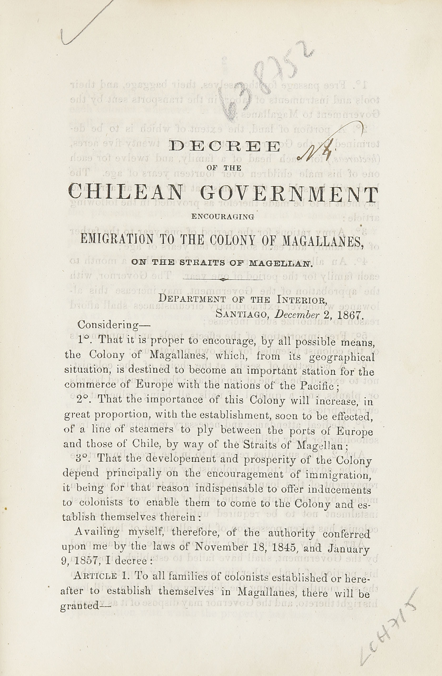 Decree of the Chilean Government : encouraging emigration to the colony of Magallanes on the straits of Magellan