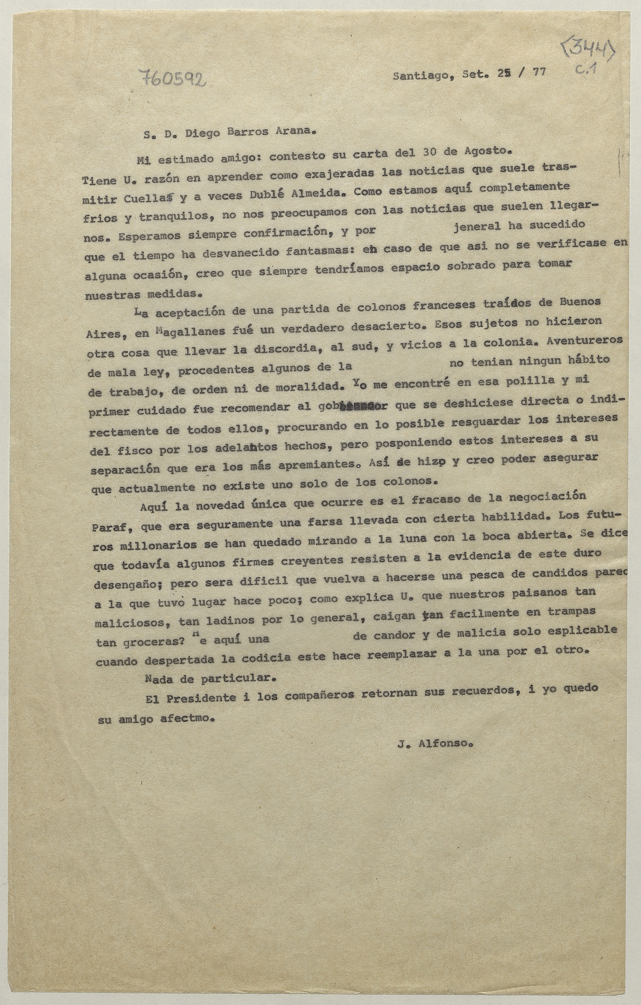 [Carta] 1877 Sep. 25, Santiago [al] S. D. Diego Barros Arana [manuscrito]