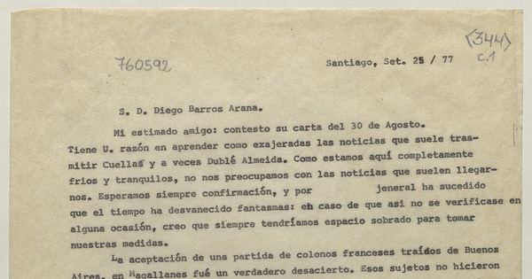 [Carta] 1877 Sep. 25, Santiago [al] S. D. Diego Barros Arana [manuscrito]