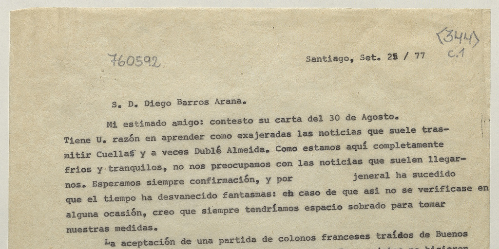 [Carta] 1877 Sep. 25, Santiago [al] S. D. Diego Barros Arana [manuscrito]