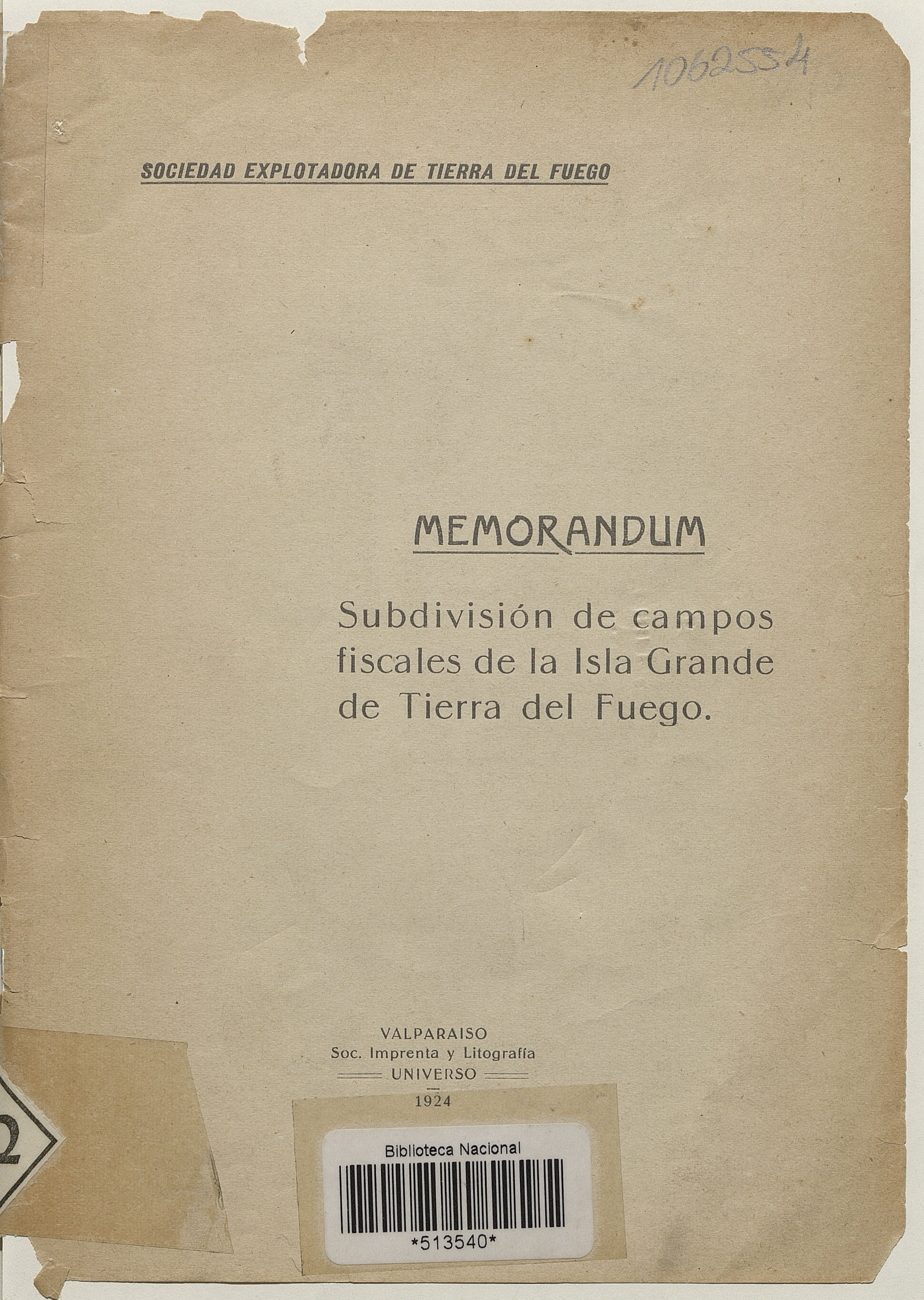 Memorándum: subdivisión de campos fiscales de la Isla Grande de Tierra del Fuego.