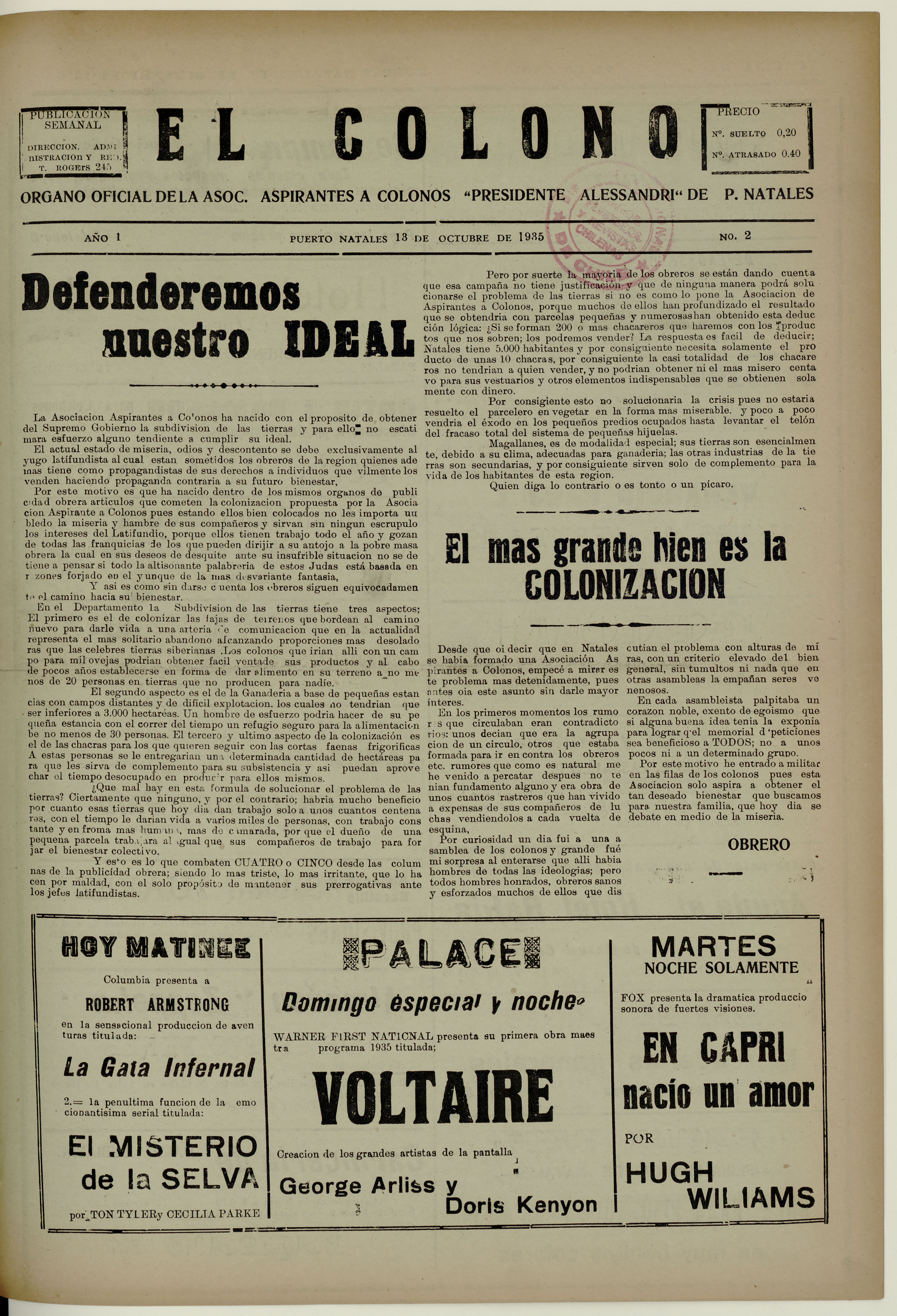 El Colono, número 2, 13 de octubre de 1935