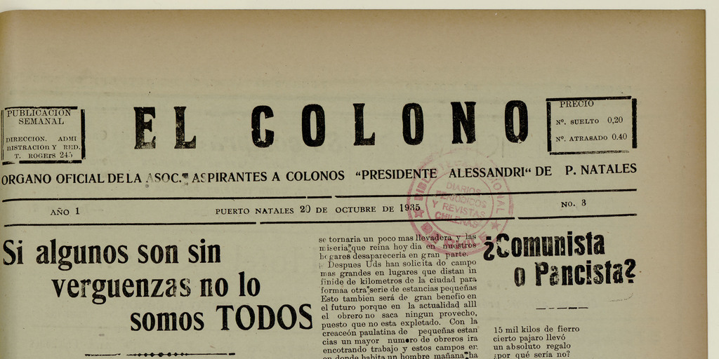 El Colono, número 3, 20 de octubre de 1935