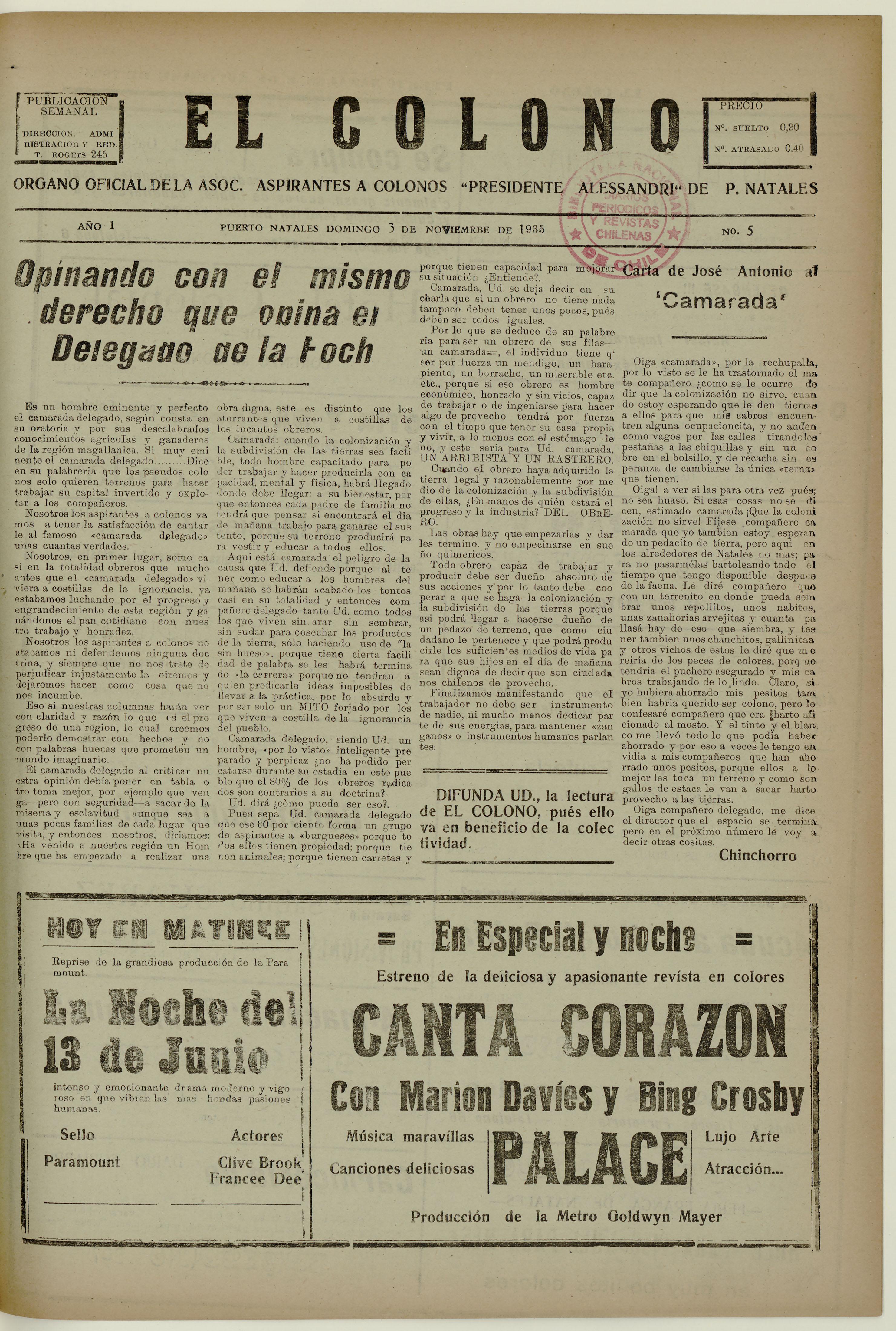 El Colono, número 5, 3 de noviembre de 1935