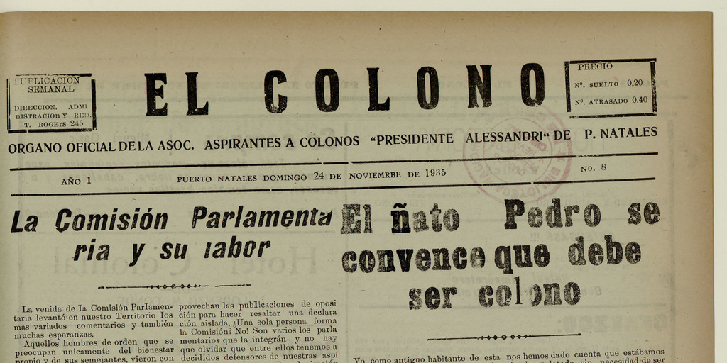 El Colono, número 8, 25 de noviembre de 1935