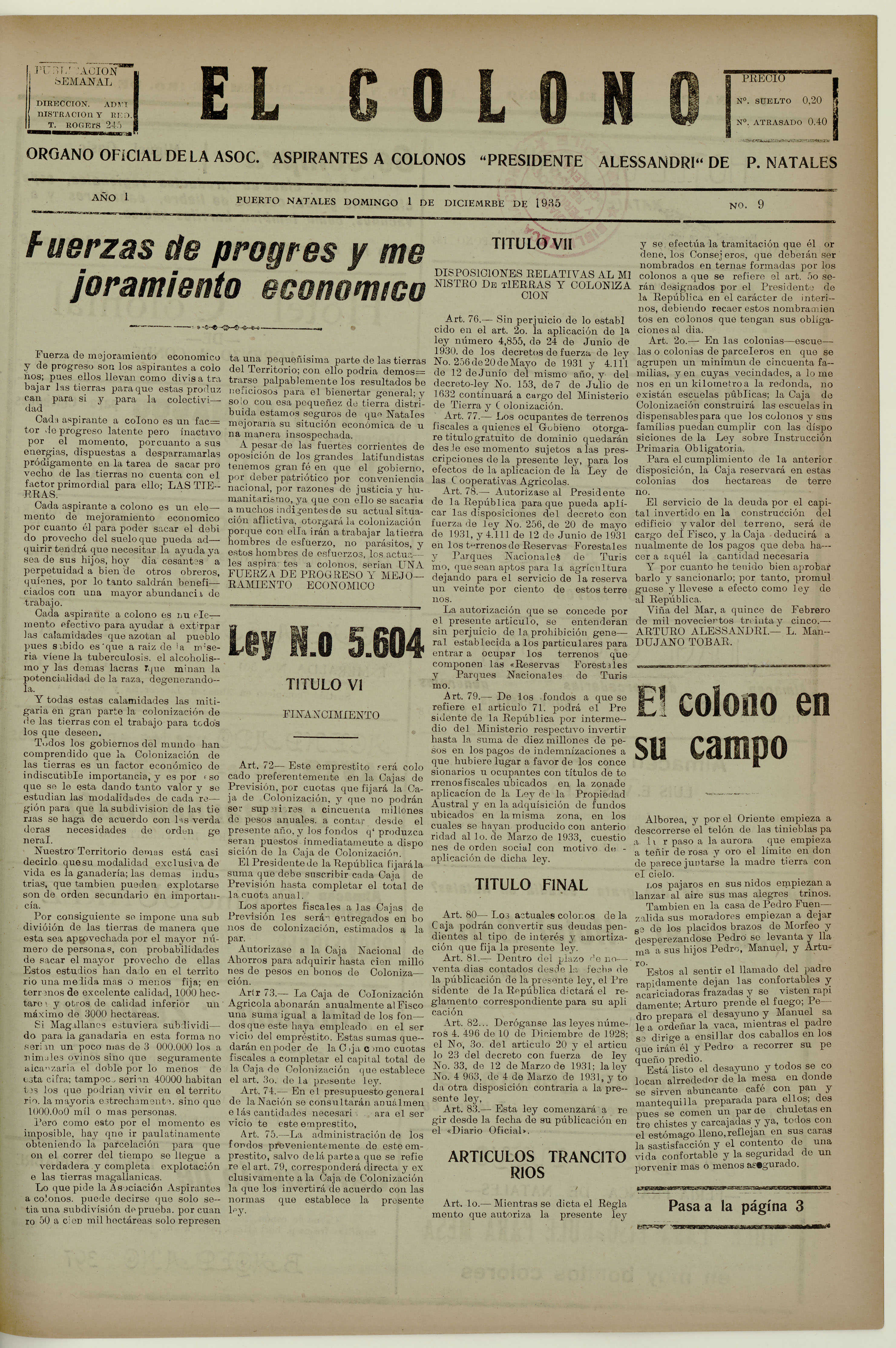 El Colono, número 9, 1 de diciembre de 1935