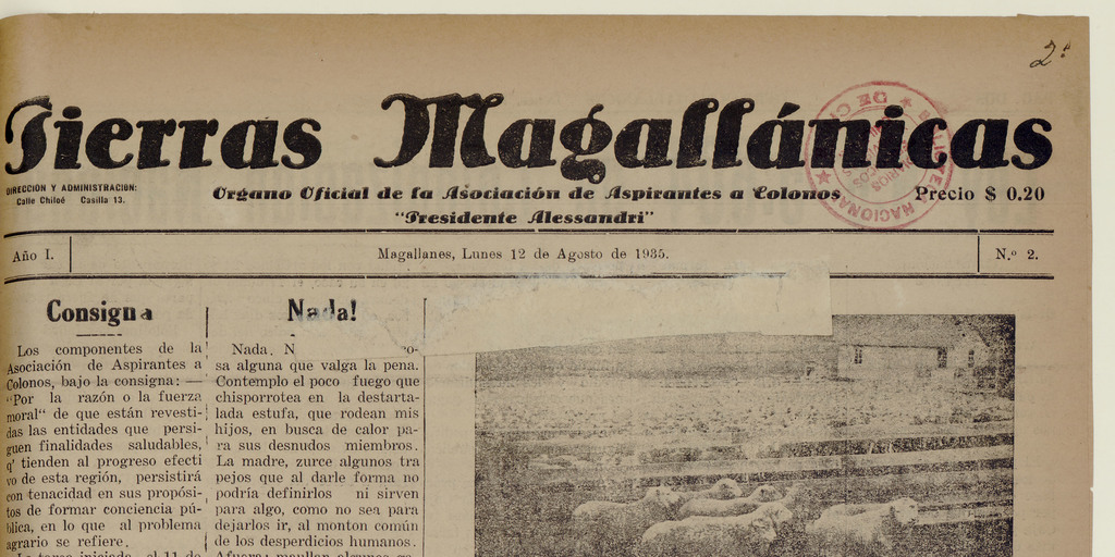 Tierras Magallánicas, número 2, 12 de agosto de 1935