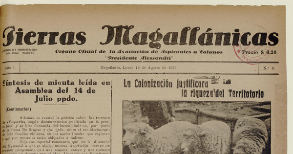 Tierras Magallánicas, número 3, 19 de agosto de 1935