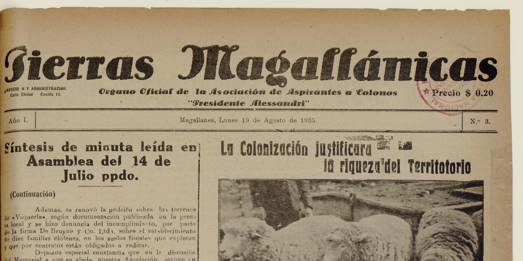 Tierras Magallánicas, número 3, 19 de agosto de 1935
