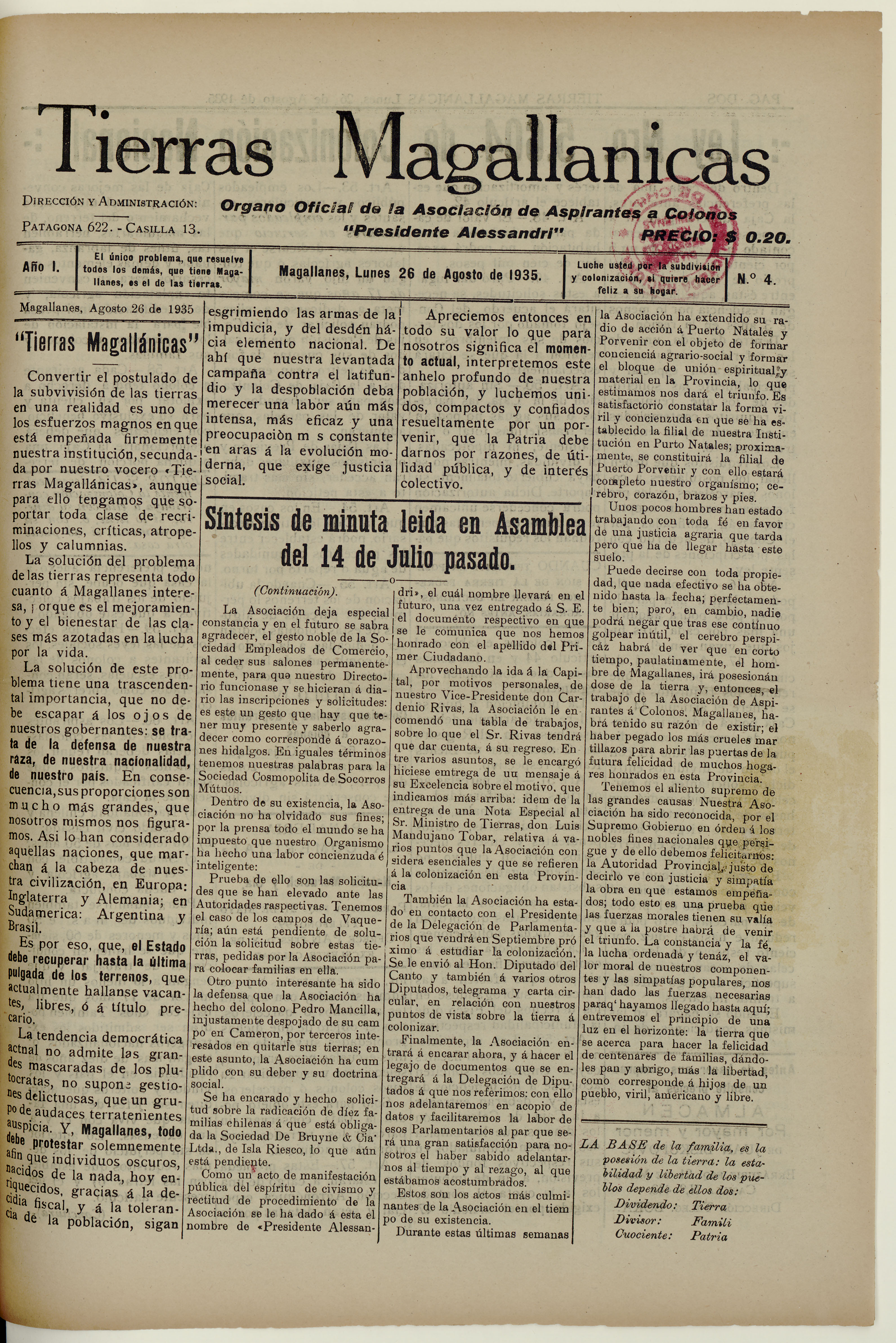 Tierras Magallánicas, número 4, 26 de agosto de 1935