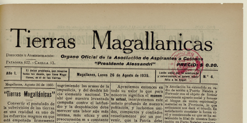 Tierras Magallánicas, número 4, 26 de agosto de 1935