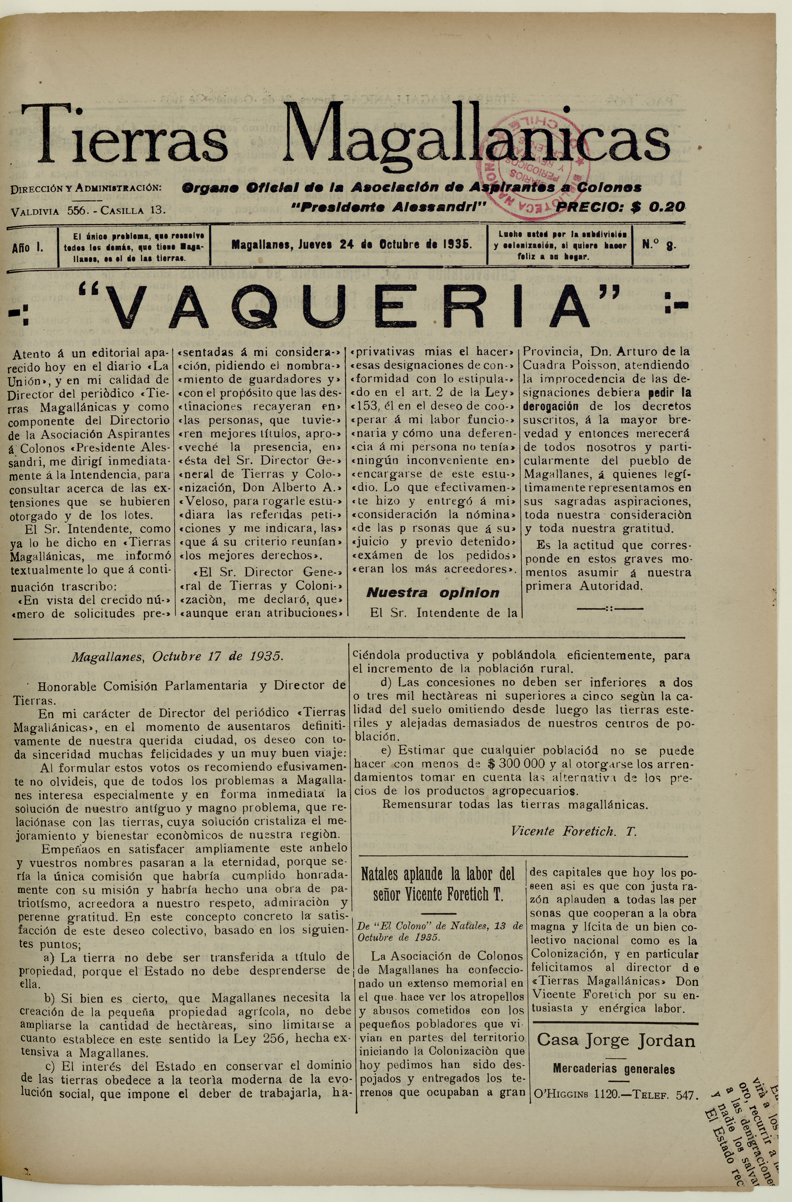 Tierras Magallánicas, número 8, 24 de octubre de 1935