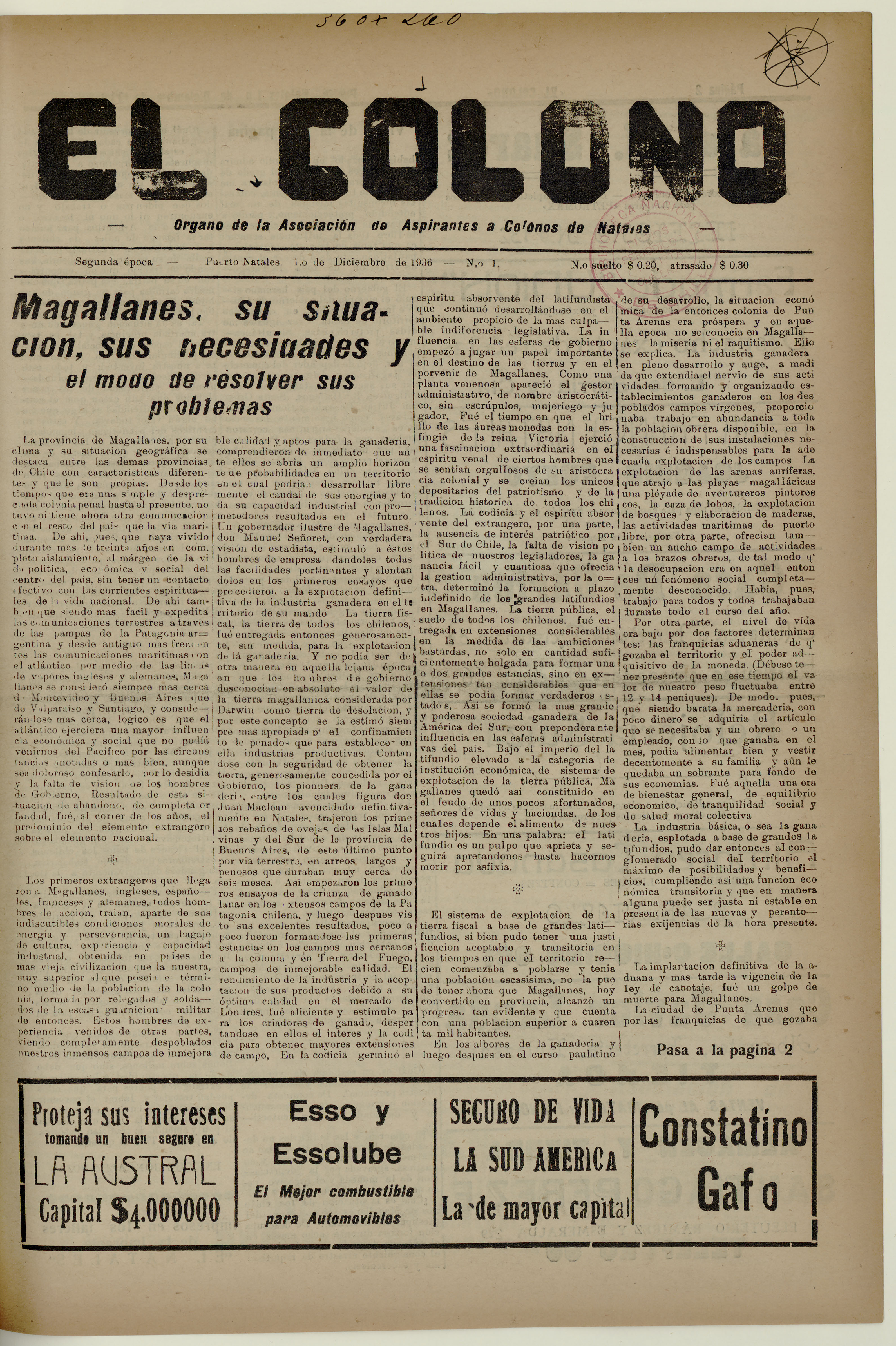 El Colono, n°1, 1 de diciembre de 1936