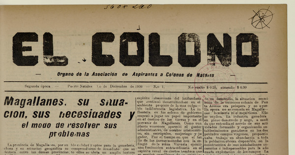 El Colono, n°1, 1 de diciembre de 1936