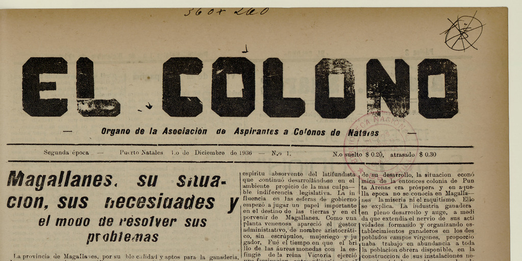 El Colono, n°1, 1 de diciembre de 1936