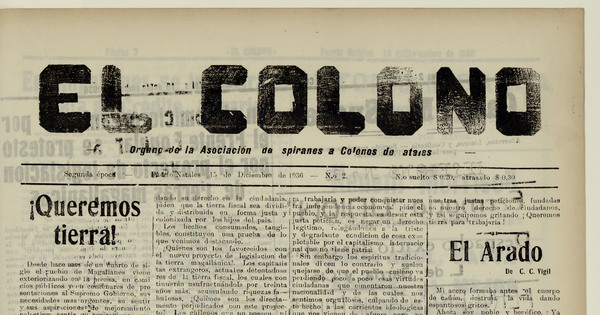 El Colono, número 2, 15 de diciembre de 1936