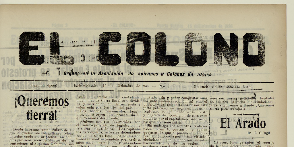 El Colono, número 2, 15 de diciembre de 1936