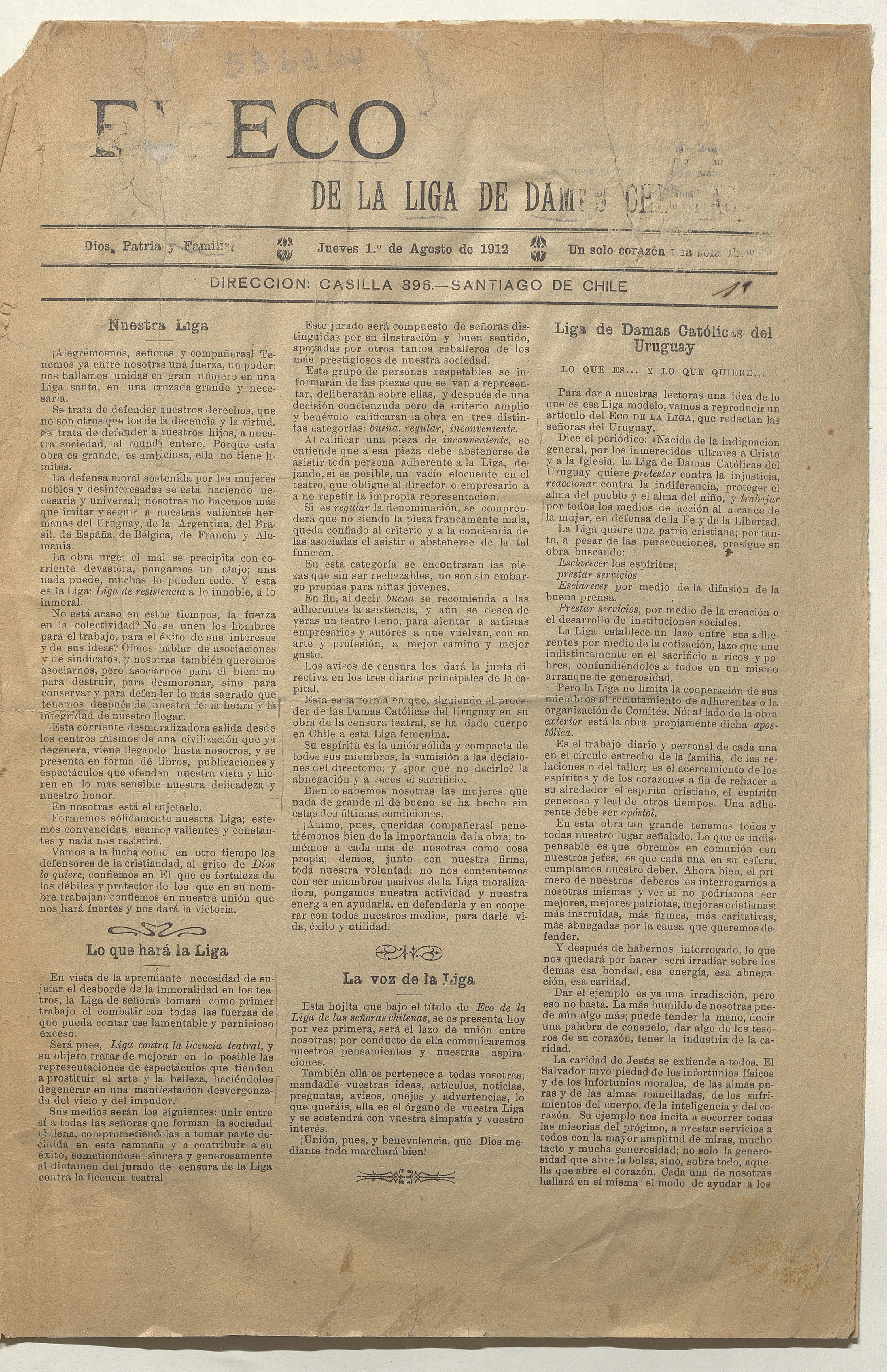 El Eco de la Liga de Damas Chilenas, año 1, número 1,